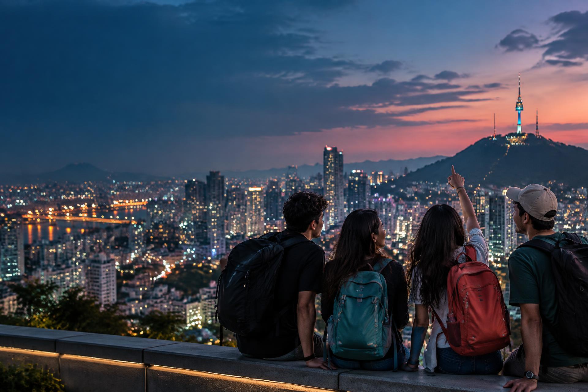 Jóvenes contemplando la ciudad de Seúl y la torre Namsan
