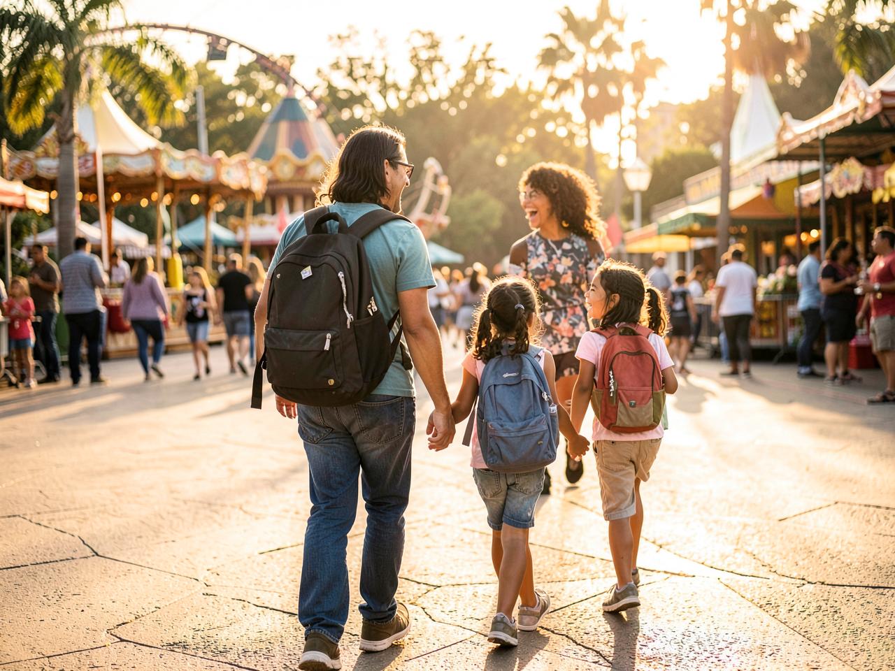 Familia caminando junta y riendo durante un viaje